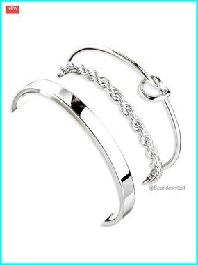 Sterling Silver Gold Plated Bracelet Set Adjustable Cuff Bangle Trendy
